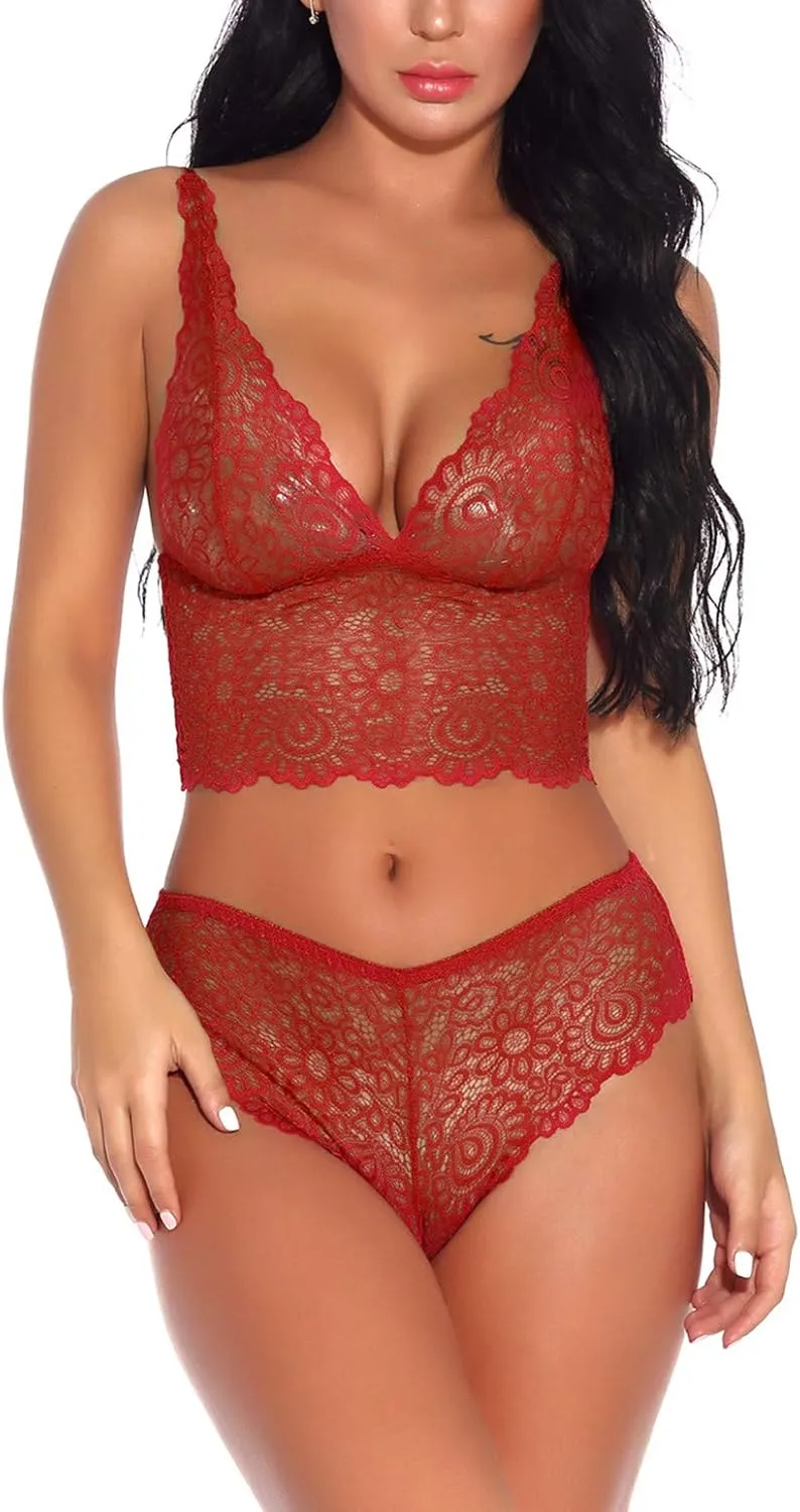 Women Lace Lingerie Bralette Bra and Panty Set Underwear 2 Piece Babydoll Sleepwear Bodysuit