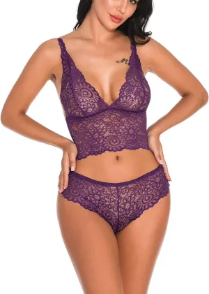 Women Lace Lingerie Bralette Bra and Panty Set Underwear 2 Piece Babydoll Sleepwear Bodysuit