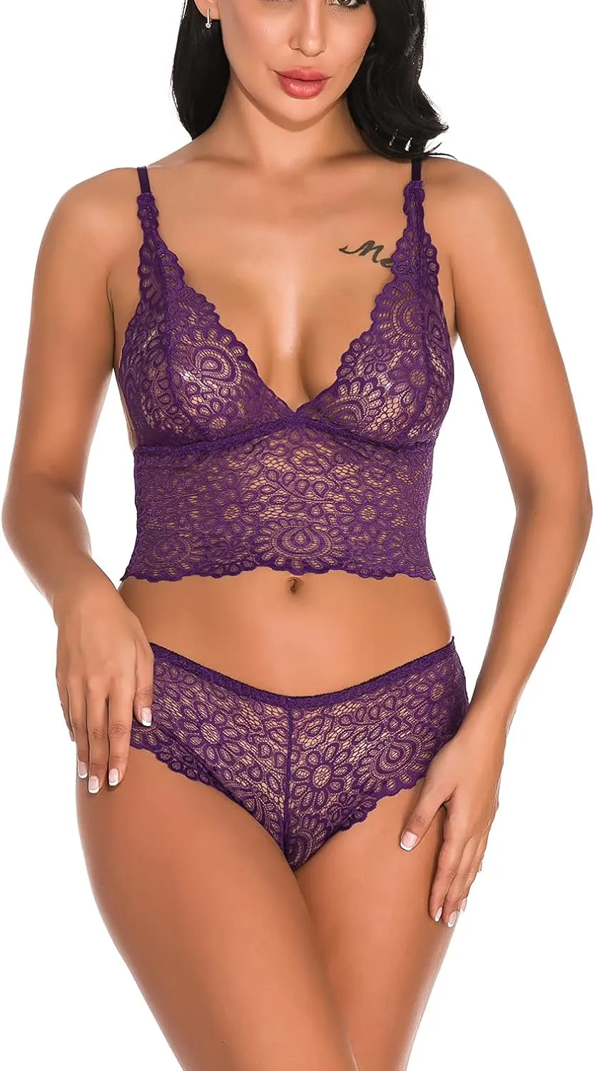 Women Lace Lingerie Bralette Bra and Panty Set Underwear 2 Piece Babydoll Sleepwear Bodysuit