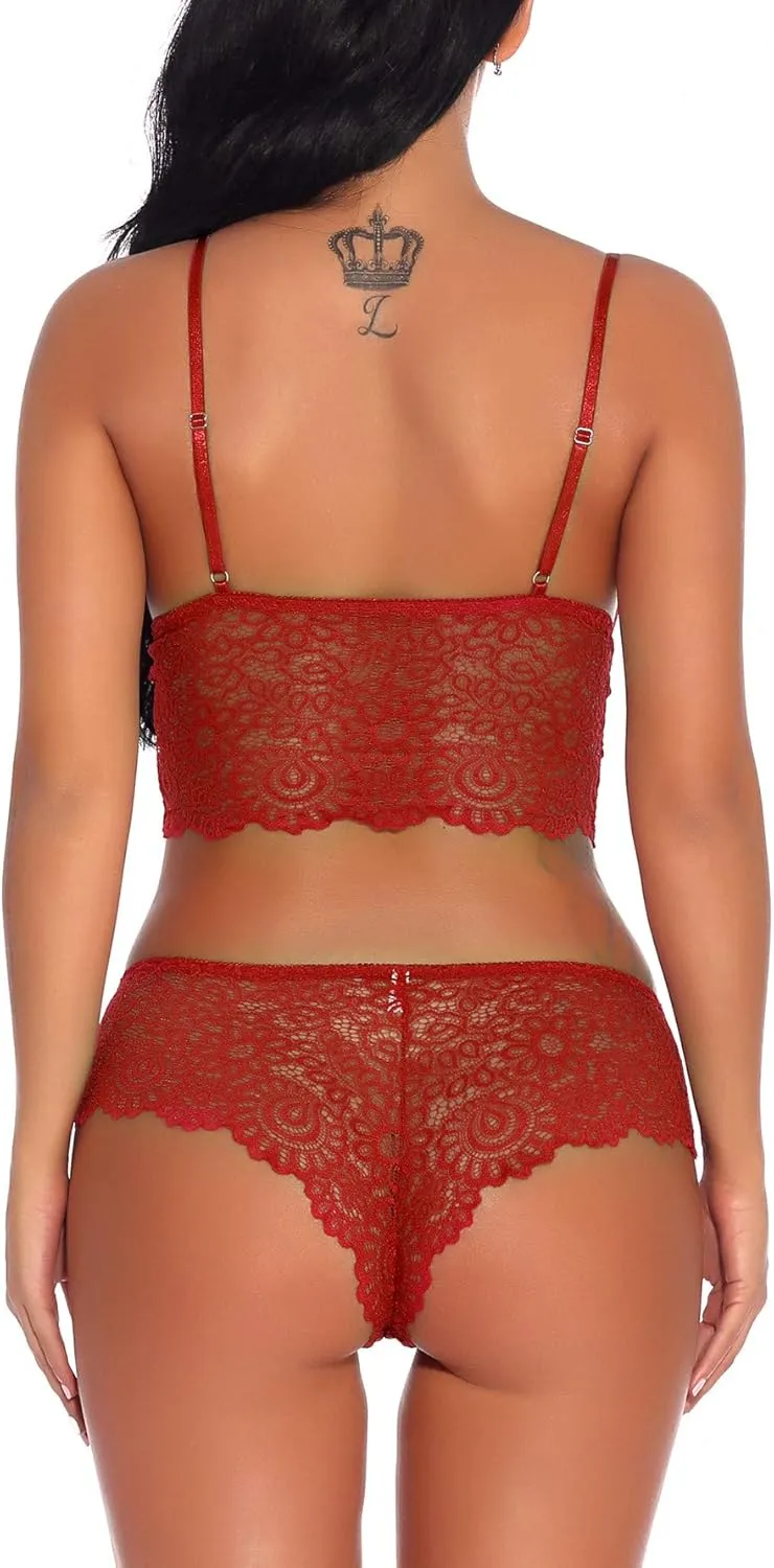 Women Lace Lingerie Bralette Bra and Panty Set Underwear 2 Piece Babydoll Sleepwear Bodysuit