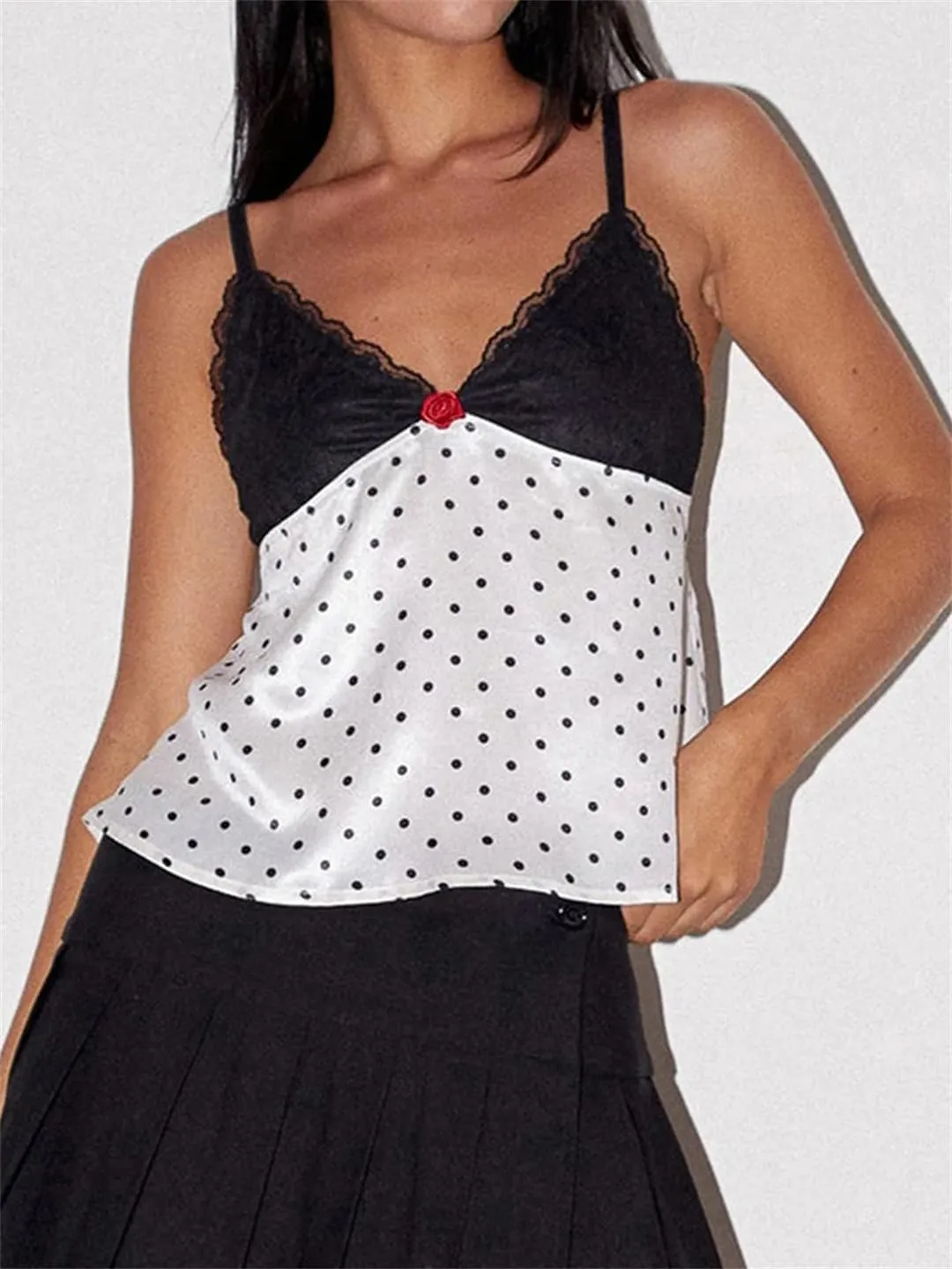 Women Lace Trim Polka Dot Printed Camis Top Sexy Slim V-Neck Sleeveless Tank Tops