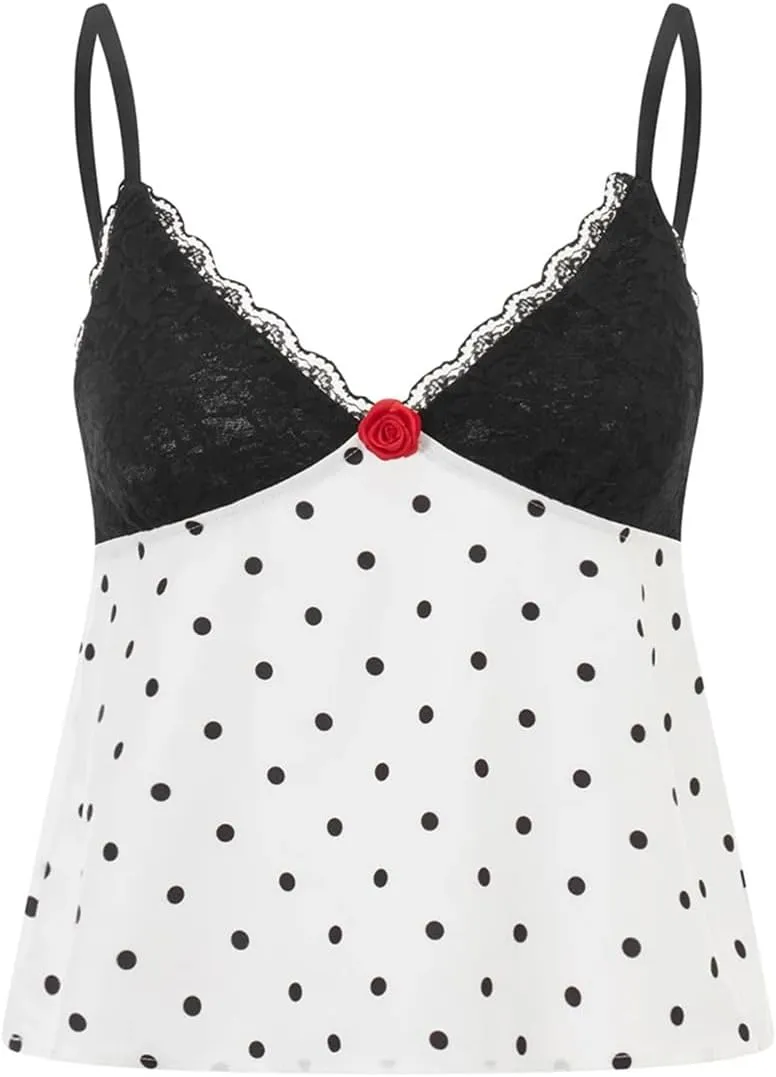 Women Lace Trim Polka Dot Printed Camis Top Sexy Slim V-Neck Sleeveless Tank Tops