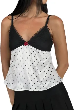 Women Lace Trim Polka Dot Printed Camis Top Sexy Slim V-Neck Sleeveless Tank Tops