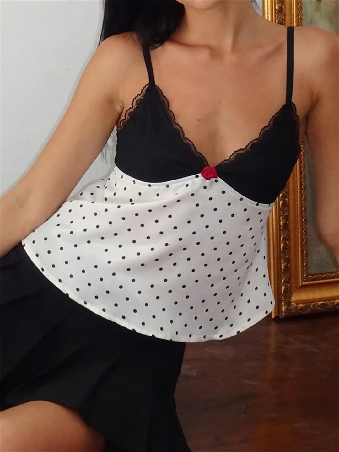 Women Lace Trim Polka Dot Printed Camis Top Sexy Slim V-Neck Sleeveless Tank Tops
