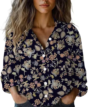 Women Linen Long Sleeve Shirts Button Down Loose Summer Tops Ethnic Vintage Floral Shirt Boho Causal Dressy Blouse
