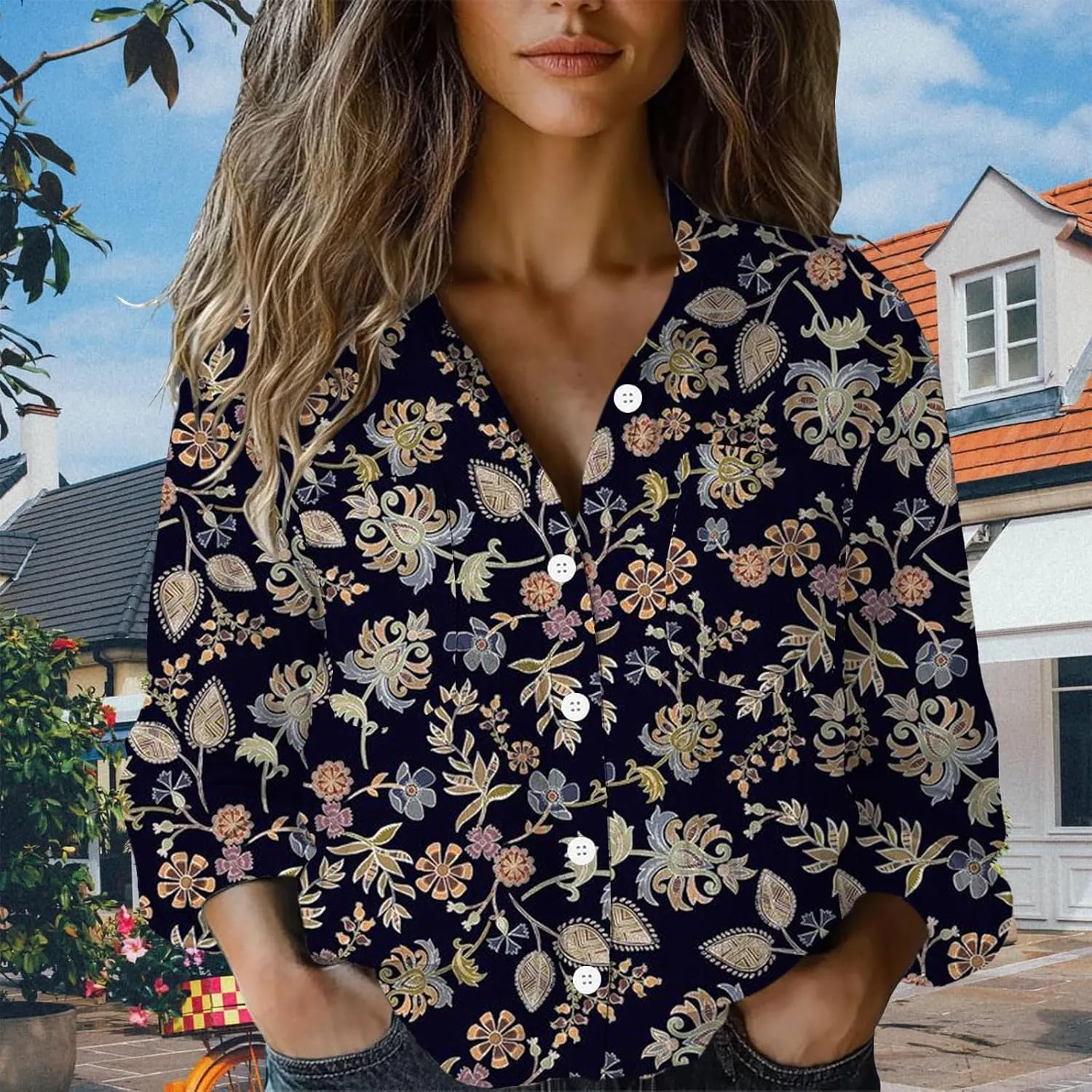 Women Linen Long Sleeve Shirts Button Down Loose Summer Tops Ethnic Vintage Floral Shirt Boho Causal Dressy Blouse