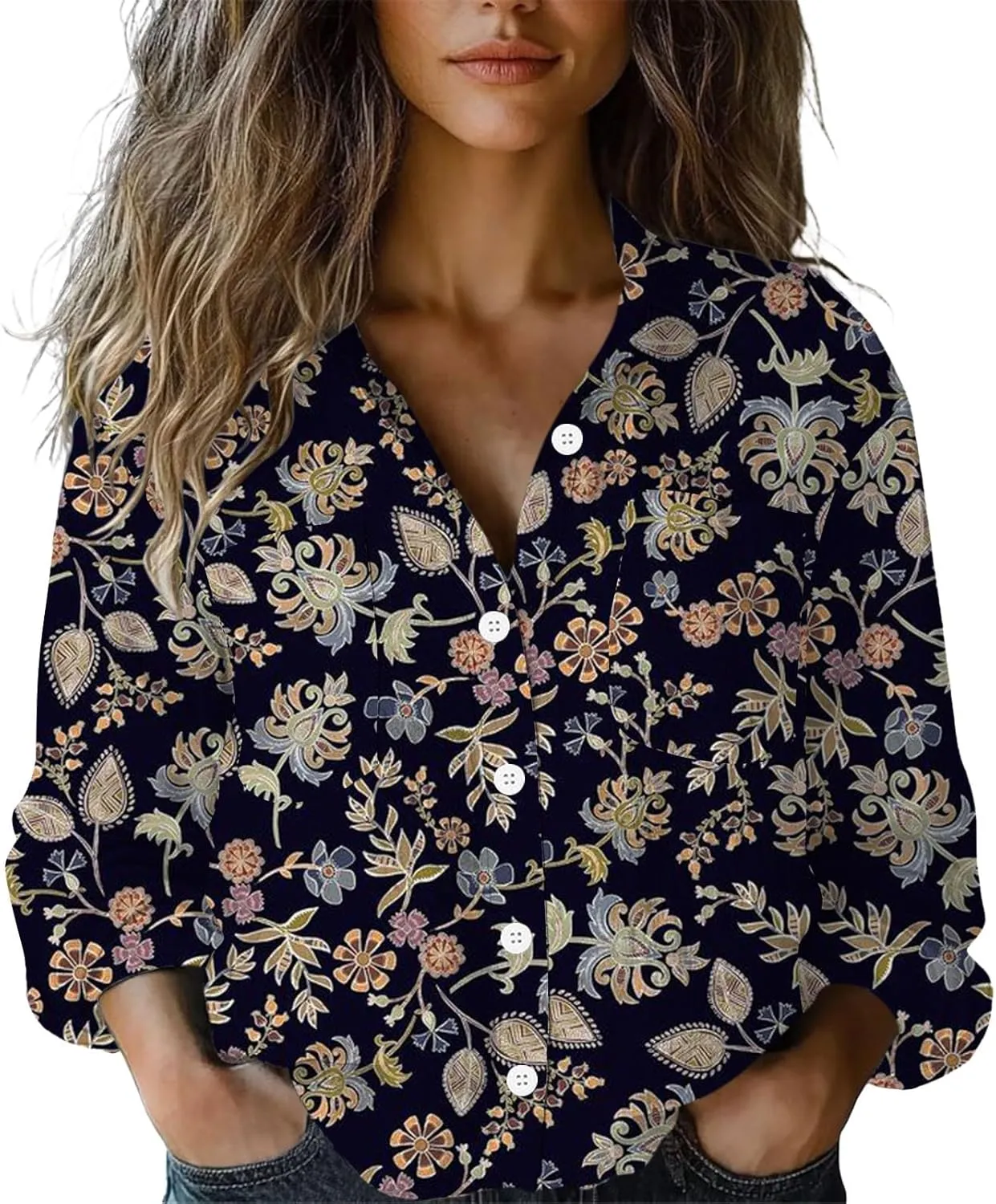 Women Linen Long Sleeve Shirts Button Down Loose Summer Tops Ethnic Vintage Floral Shirt Boho Causal Dressy Blouse