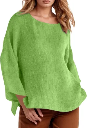 Women Linen Shirts V Neck Button Down Blouses Floral Print Dressy Tee Shirt Long Sleeve Loose Tunic Tops