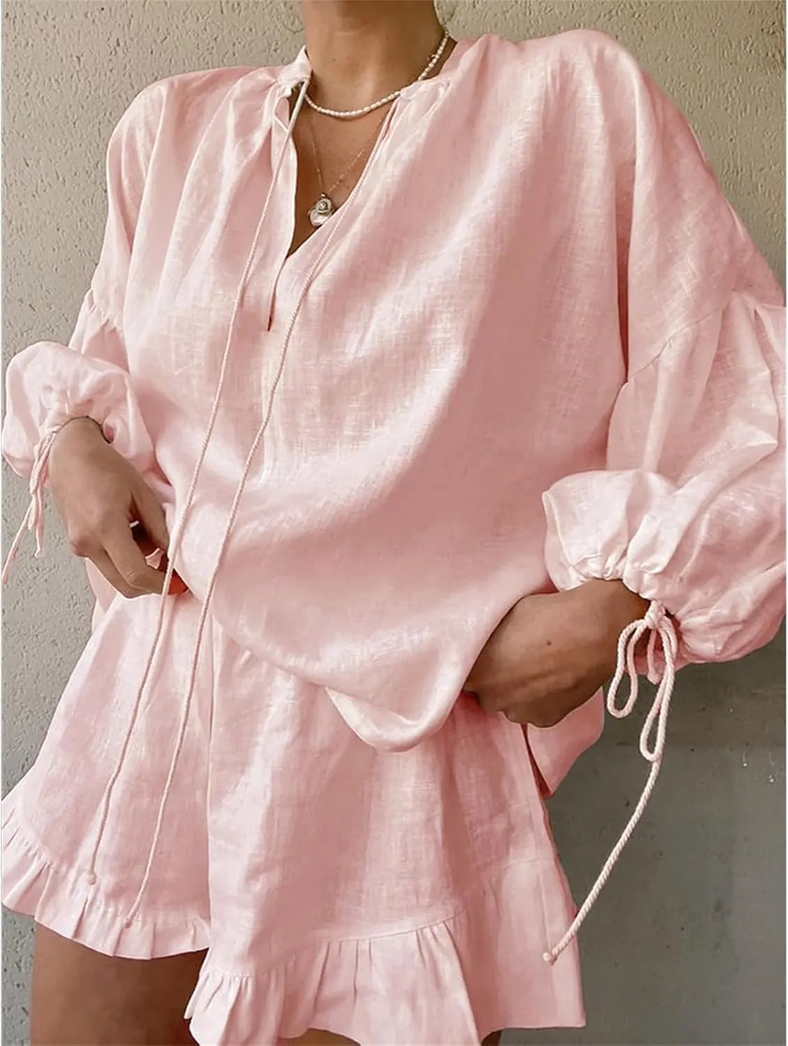 Women Linen Shorts Sets 2 Piece Outfits Long Sleeve Tie Front Tops and Ruffled Boxer Shorts Tracksuit Matching Sets