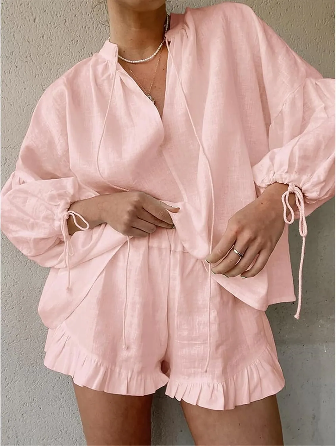 Women Linen Shorts Sets 2 Piece Outfits Long Sleeve Tie Front Tops and Ruffled Boxer Shorts Tracksuit Matching Sets