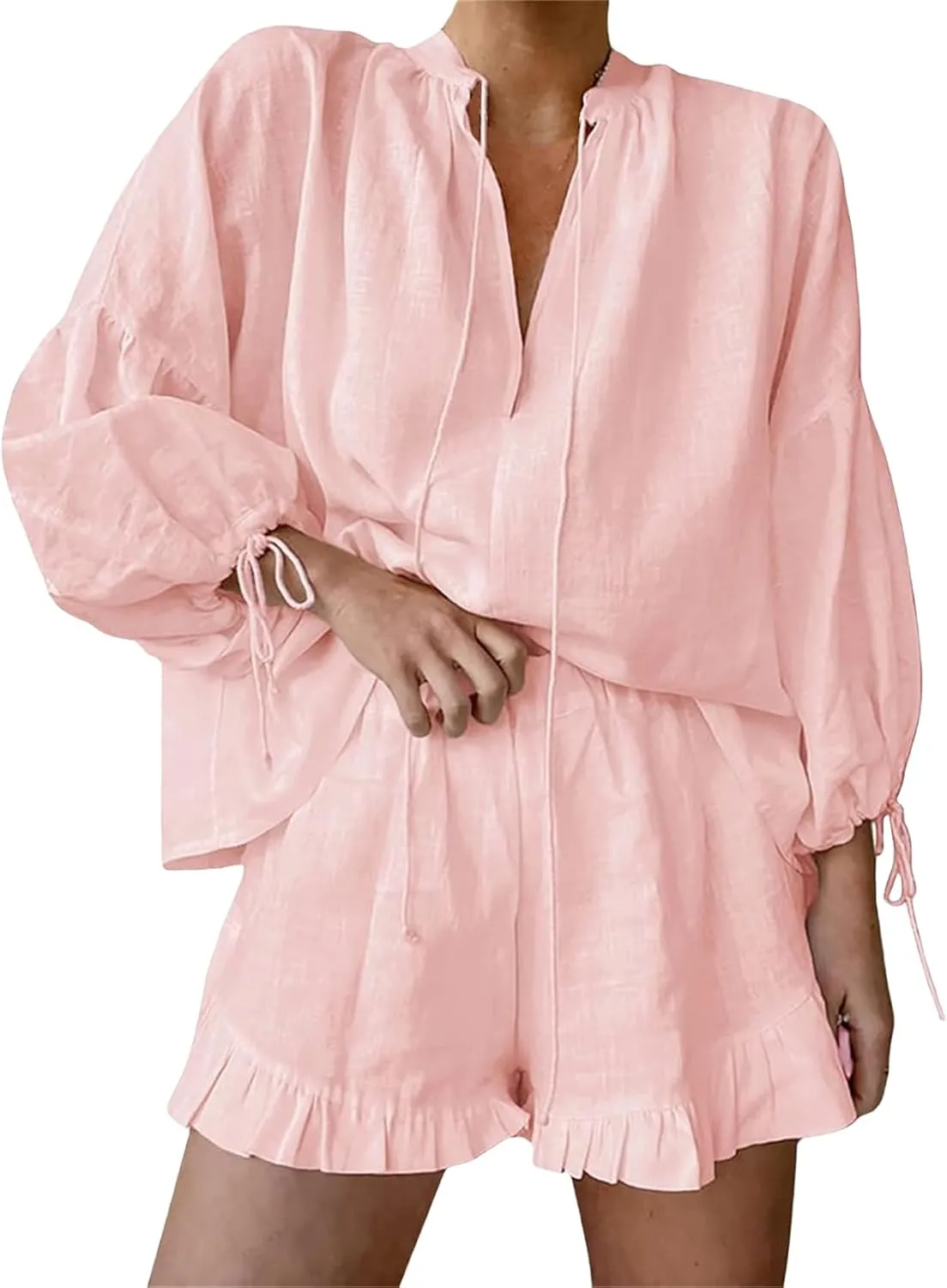 Women Linen Shorts Sets 2 Piece Outfits Long Sleeve Tie Front Tops and Ruffled Boxer Shorts Tracksuit Matching Sets