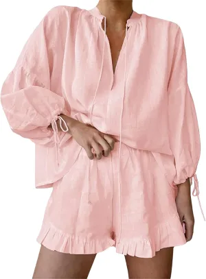 Women Linen Shorts Sets 2 Piece Outfits Long Sleeve Tie Front Tops and Ruffled Boxer Shorts Tracksuit Matching Sets