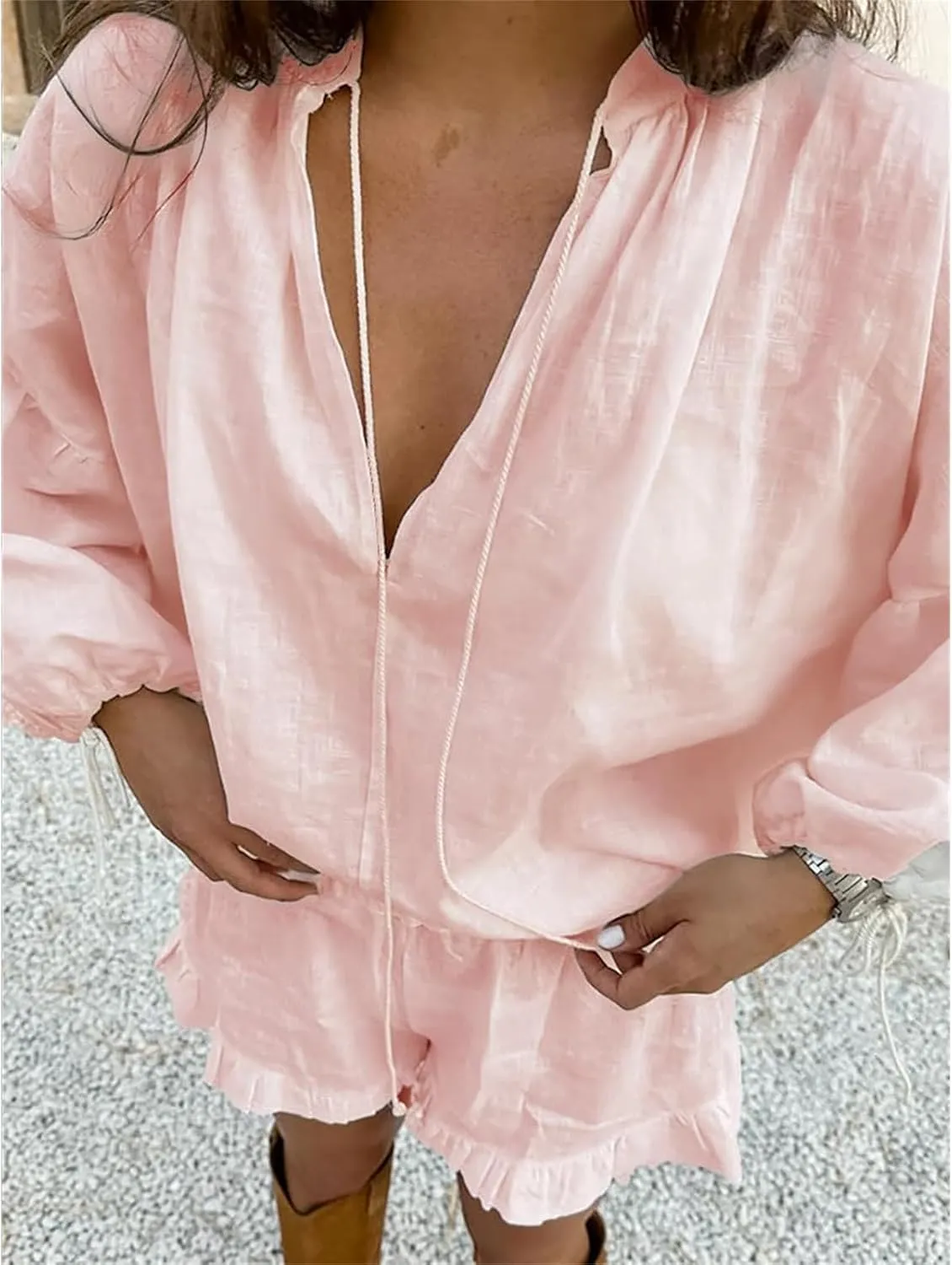Women Linen Shorts Sets 2 Piece Outfits Long Sleeve Tie Front Tops and Ruffled Boxer Shorts Tracksuit Matching Sets