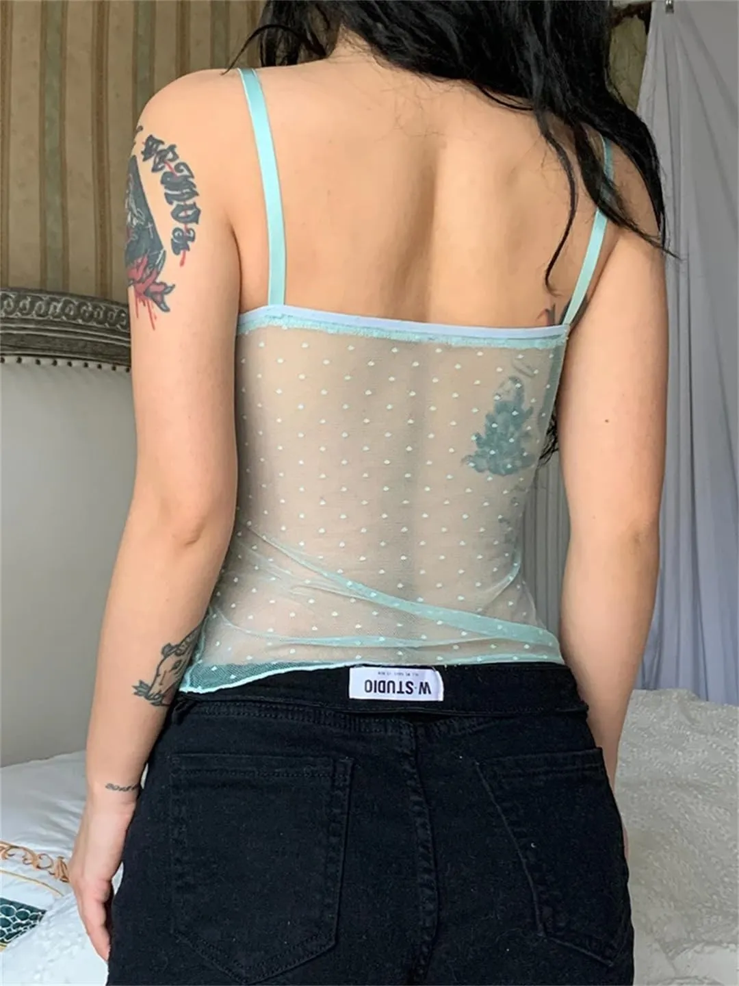 Women Polka Dots Lace Frill Mesh Camis Y2K Aesthetic V-Neck Crop Backless Sexy See Through Corset Tops