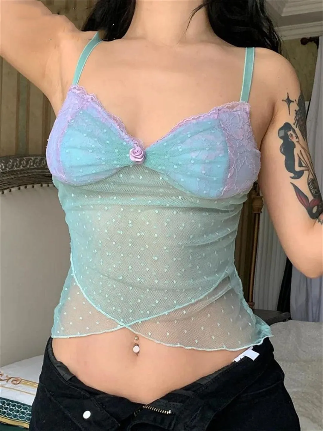 Women Polka Dots Lace Frill Mesh Camis Y2K Aesthetic V-Neck Crop Backless Sexy See Through Corset Tops