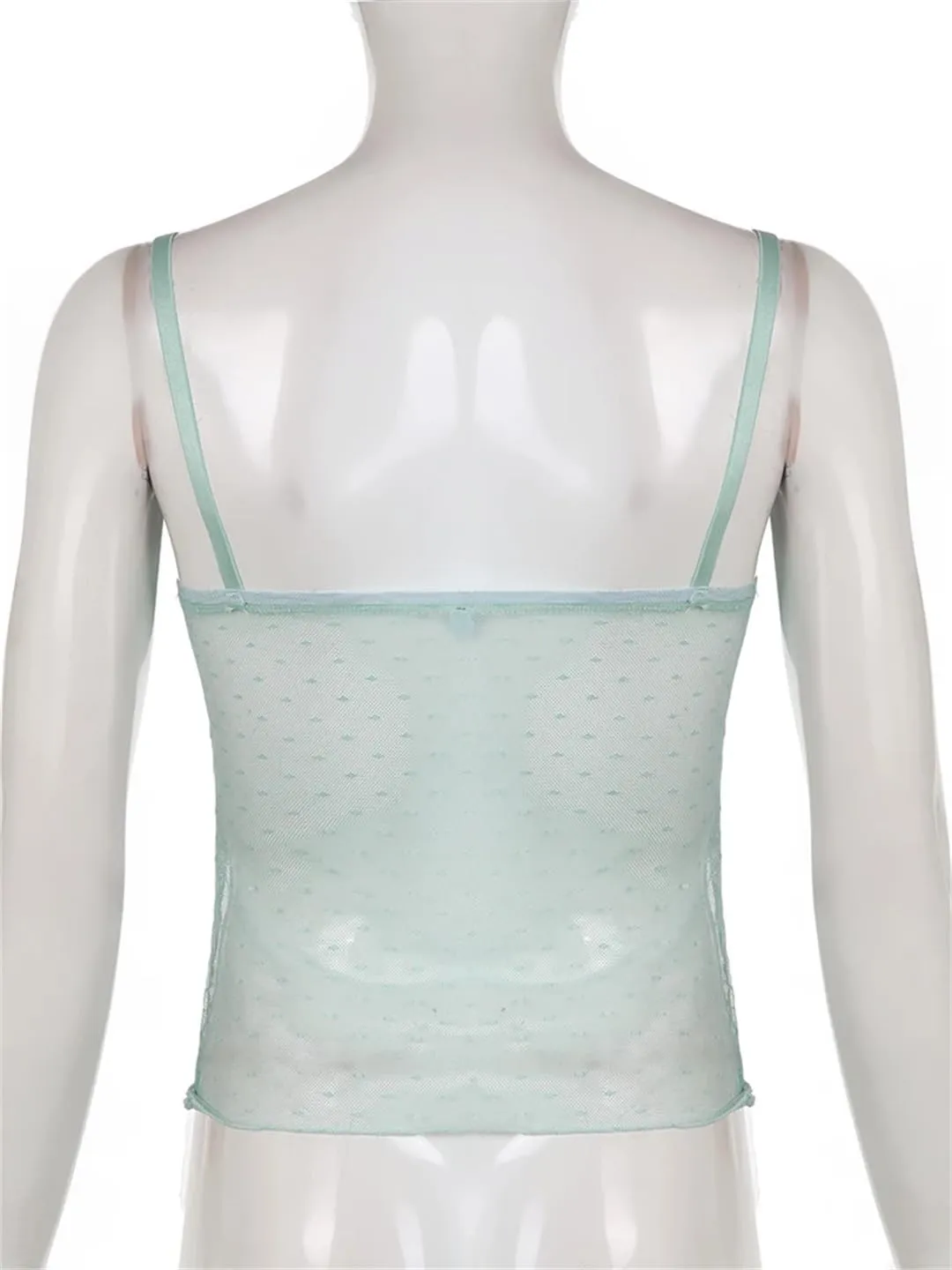 Women Polka Dots Lace Frill Mesh Camis Y2K Aesthetic V-Neck Crop Backless Sexy See Through Corset Tops