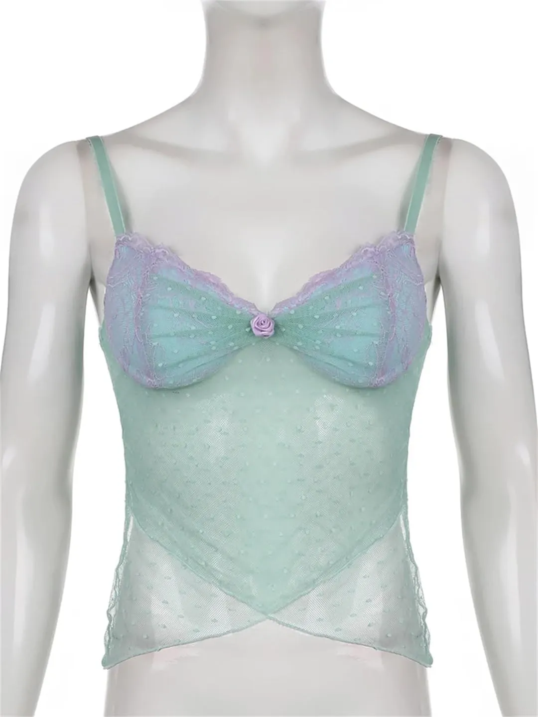 Women Polka Dots Lace Frill Mesh Camis Y2K Aesthetic V-Neck Crop Backless Sexy See Through Corset Tops