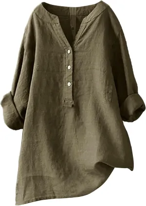 Women Short Sleeve Cotton Linen Shirt Casual V Neck Oversized T-Shirt Solid Color Loose Fit Summer Tee Shirts