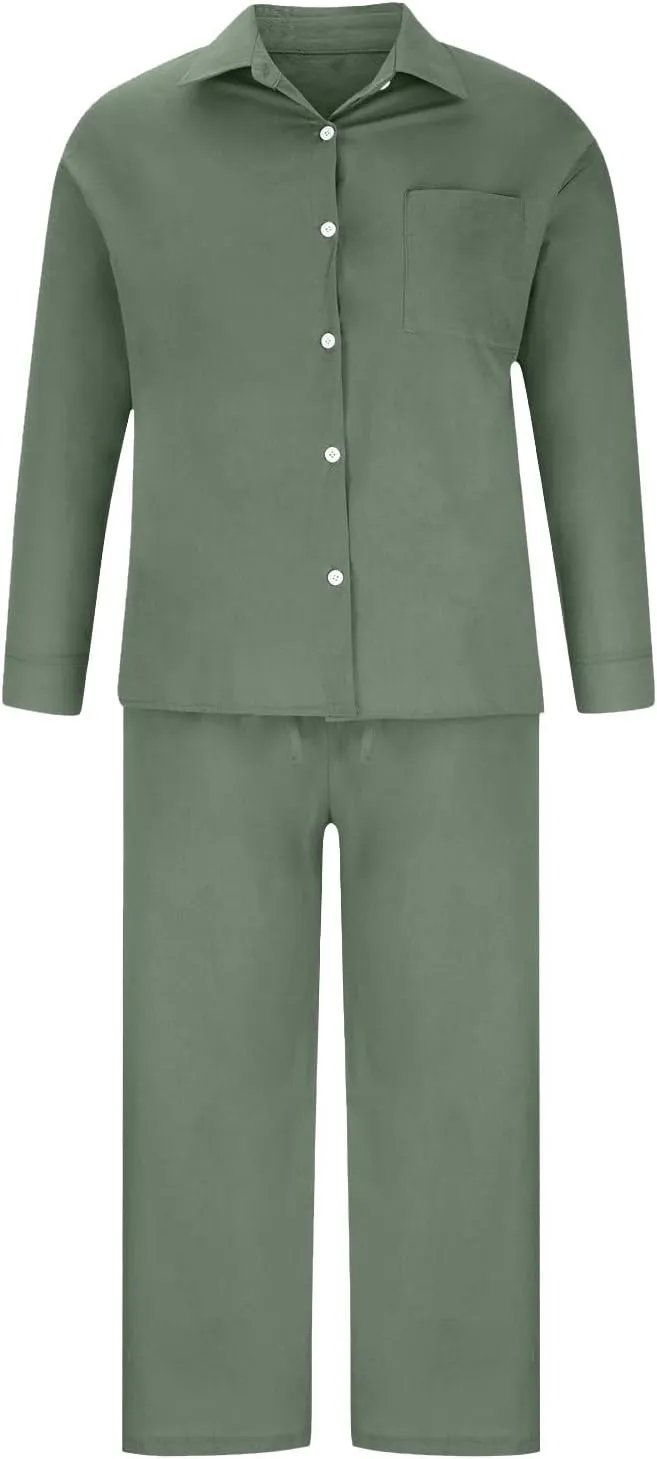 Women Spring Cotton Linen Long Sleeve Two Piece Sets Casual Button Down Shirts Loose Wide Leg Pant Loungewear Outfits