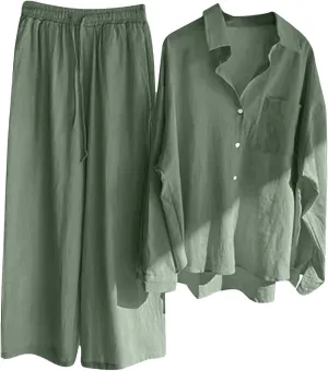 Women Spring Cotton Linen Long Sleeve Two Piece Sets Casual Button Down Shirts Loose Wide Leg Pant Loungewear Outfits