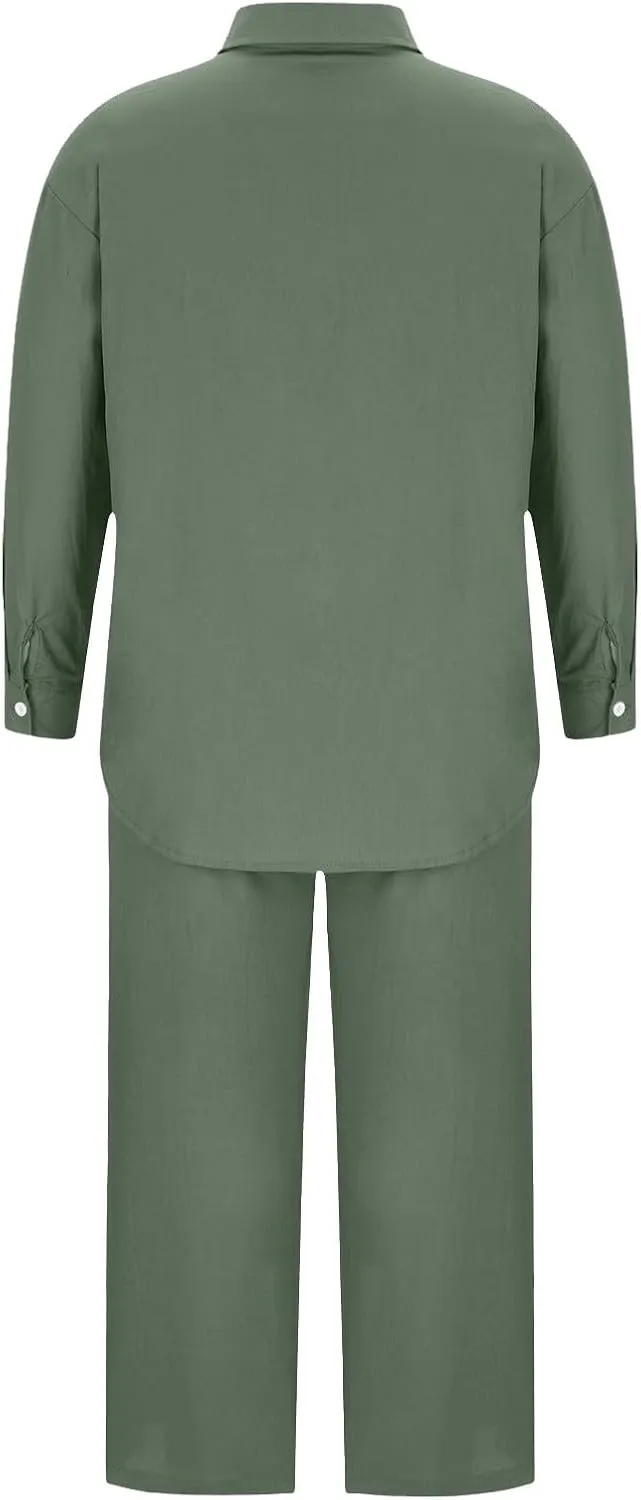 Women Spring Cotton Linen Long Sleeve Two Piece Sets Casual Button Down Shirts Loose Wide Leg Pant Loungewear Outfits