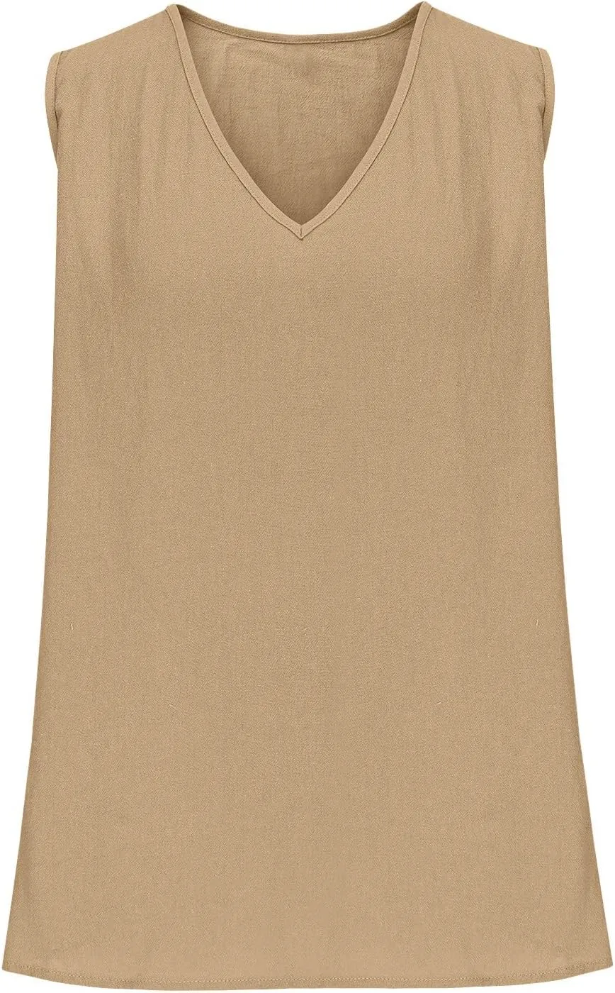 Women Summer Linen Tops Sexy Deep V Neck Tank Top Loose Fit Flowy Sleeveless Shirt Fashion Solid Beach Outfits