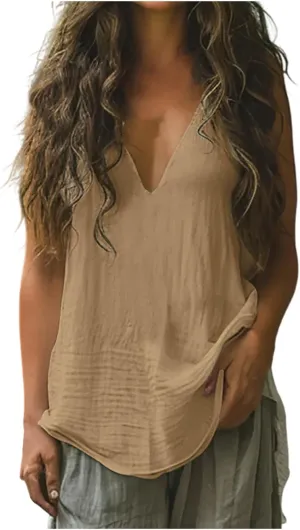 Women Summer Linen Tops Sexy Deep V Neck Tank Top Loose Fit Flowy Sleeveless Shirt Fashion Solid Beach Outfits