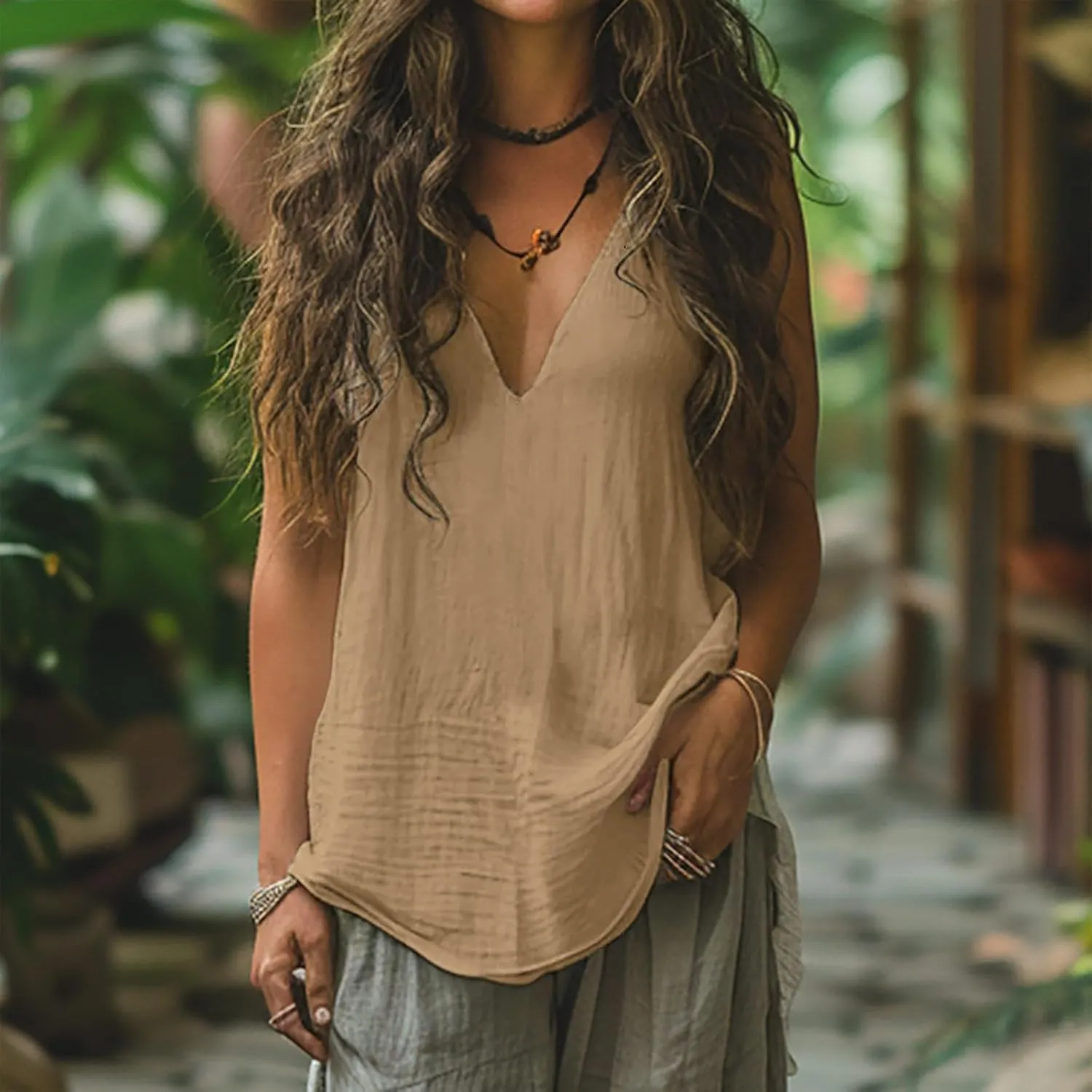 Women Summer Linen Tops Sexy Deep V Neck Tank Top Loose Fit Flowy Sleeveless Shirt Fashion Solid Beach Outfits