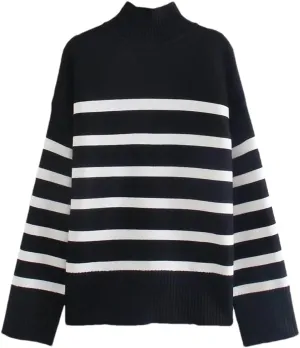 Women Turtleneck Sweater Oversized Loose Striped Casual Knit Pullovers Jumper Tops