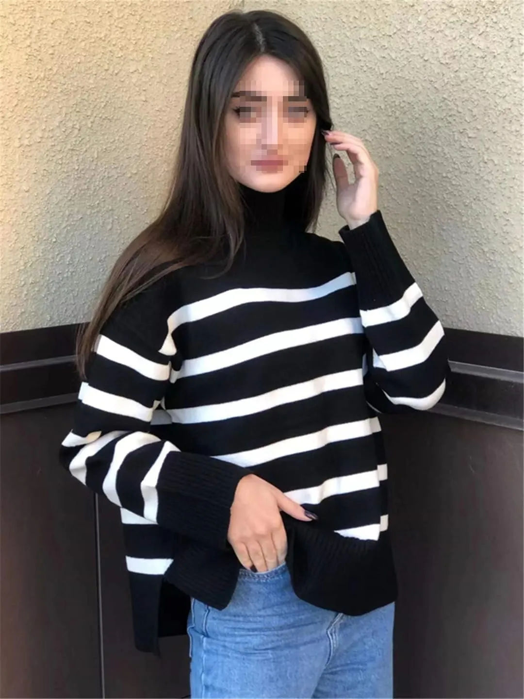 Women Turtleneck Sweater Oversized Loose Striped Casual Knit Pullovers Jumper Tops