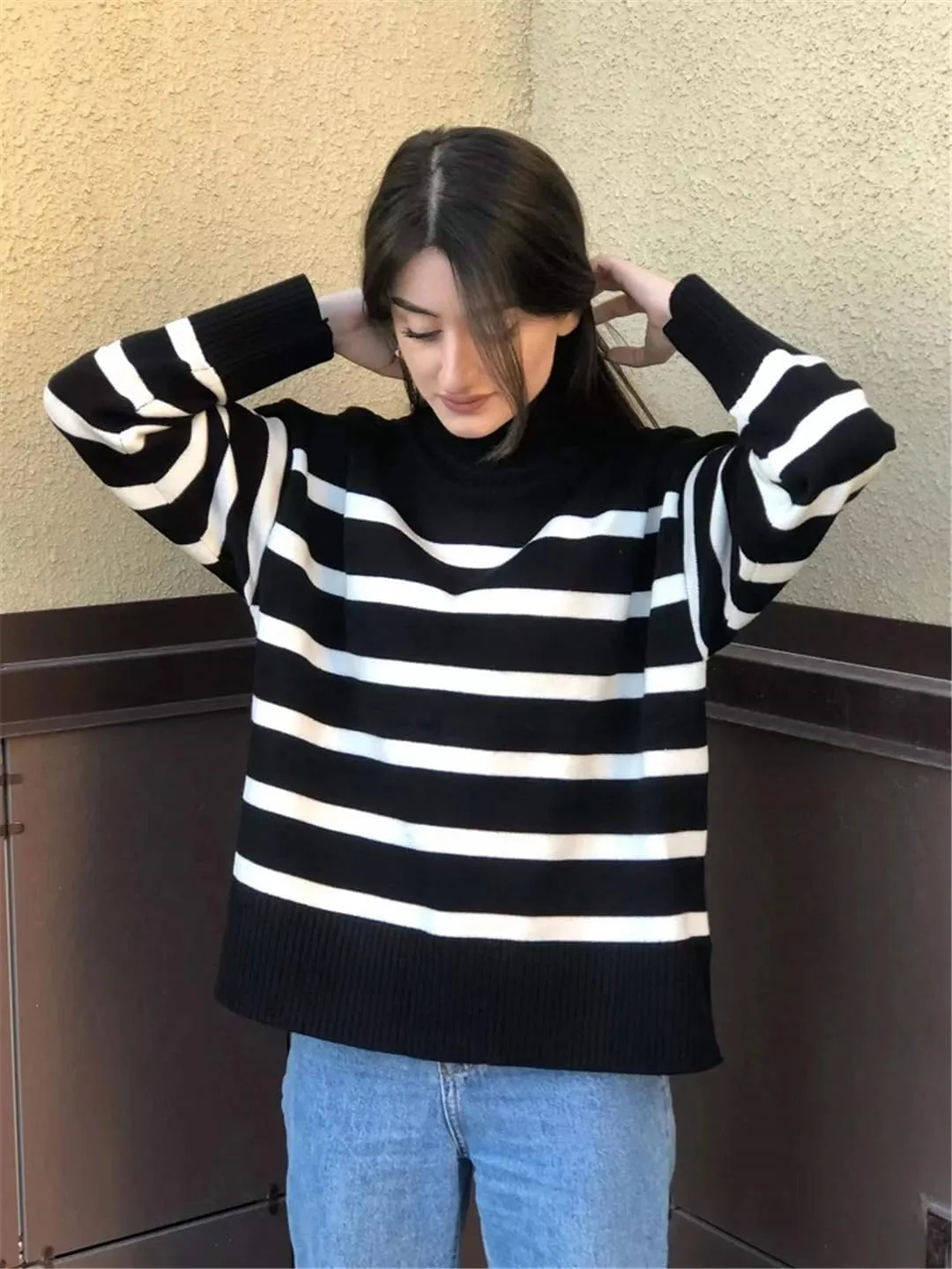 Women Turtleneck Sweater Oversized Loose Striped Casual Knit Pullovers Jumper Tops