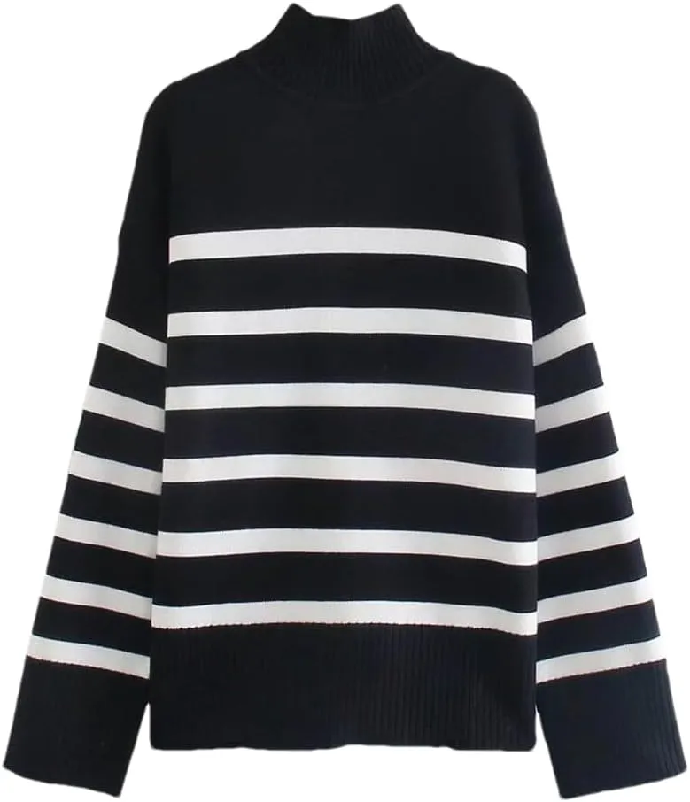 Women Turtleneck Sweater Oversized Loose Striped Casual Knit Pullovers Jumper Tops
