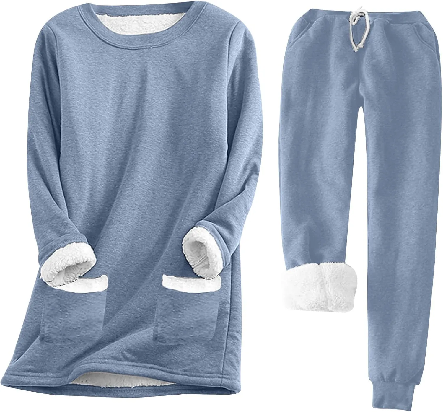 Women Winter Fleece 2 Piece Set Soft Sherpa Lined Loungewear Long Sleeve Plush Tops and Pants Lounge Outfits
