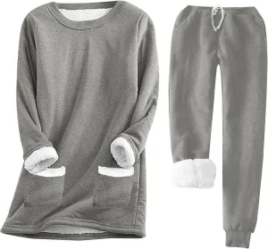 Women Winter Fleece 2 Piece Set Soft Sherpa Lined Loungewear Long Sleeve Plush Tops and Pants Lounge Outfits