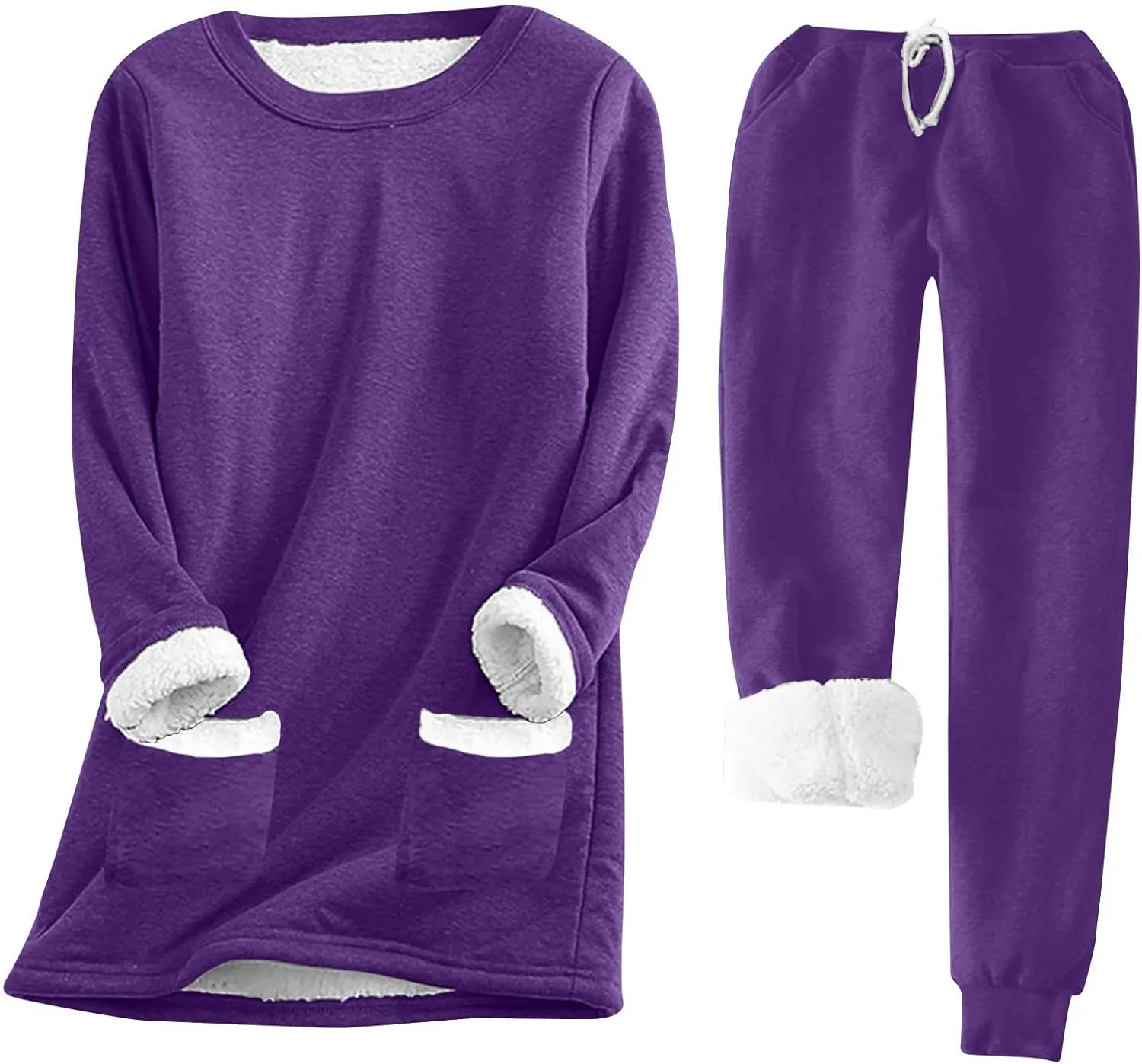 Women Winter Fleece 2 Piece Set Soft Sherpa Lined Loungewear Long Sleeve Plush Tops and Pants Lounge Outfits