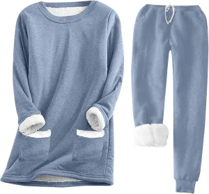 Women Winter Fleece 2 Piece Set Soft Sherpa Lined Loungewear Long Sleeve Plush Tops and Pants Lounge Outfits