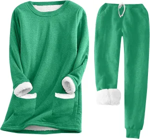 Women Winter Fleece 2 Piece Set Soft Sherpa Lined Loungewear Long Sleeve Plush Tops and Pants Lounge Outfits