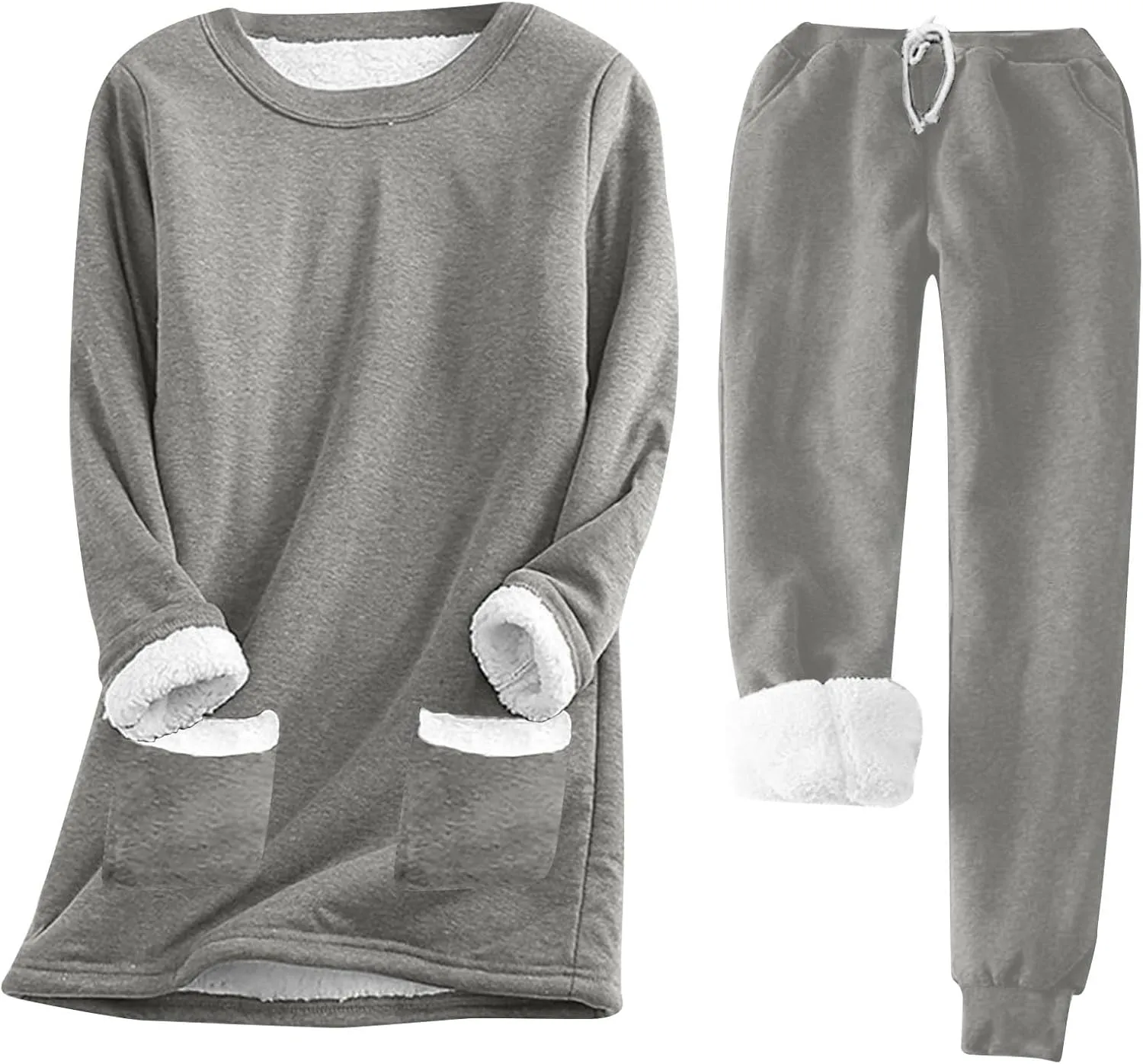Women Winter Fleece 2 Piece Set Soft Sherpa Lined Loungewear Long Sleeve Plush Tops and Pants Lounge Outfits