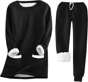 Women Winter Fleece 2 Piece Set Soft Sherpa Lined Loungewear Long Sleeve Plush Tops and Pants Lounge Outfits