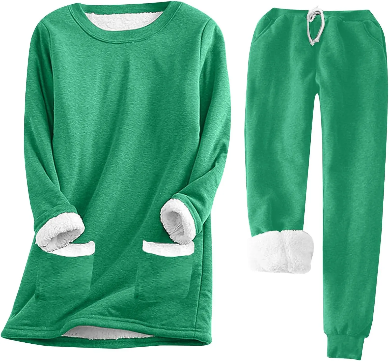 Women Winter Fleece 2 Piece Set Soft Sherpa Lined Loungewear Long Sleeve Plush Tops and Pants Lounge Outfits