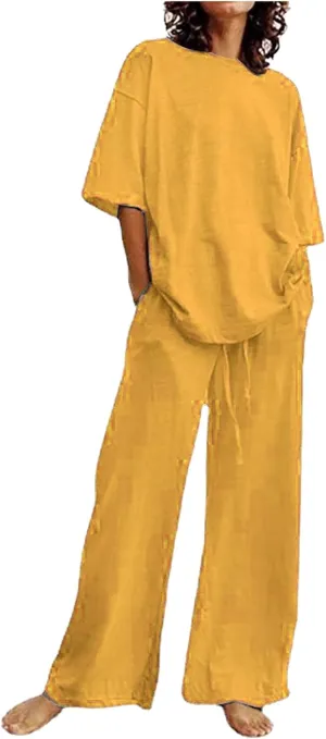 Women's 2 Piece Outfits Cotton Linen Sweatsuit Casual Short Sleeve Pullover Tops and Wide Leg Pants Lounge Sets 2025