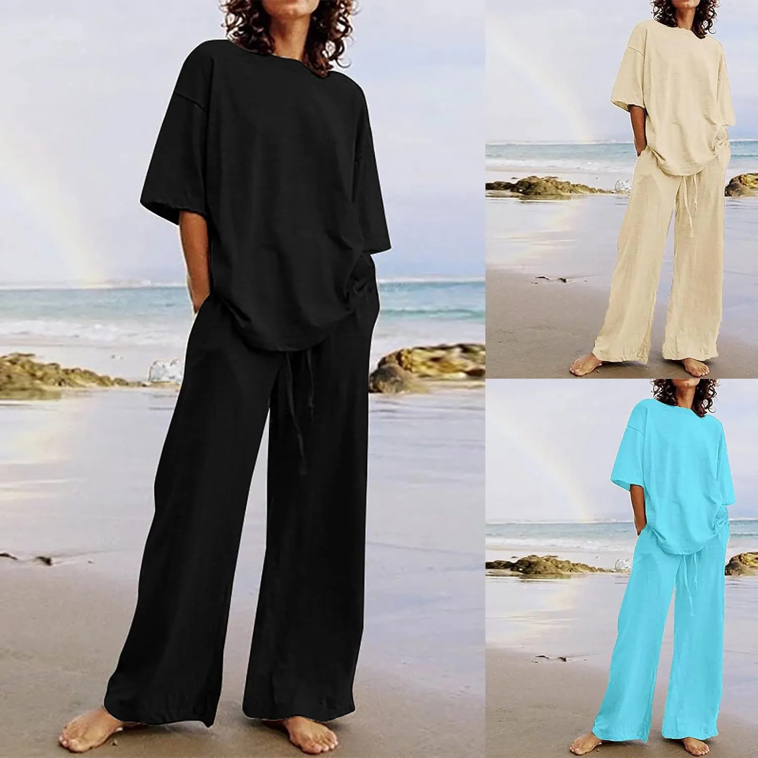 Women's 2 Piece Outfits Cotton Linen Sweatsuit Casual Short Sleeve Pullover Tops and Wide Leg Pants Lounge Sets 2025