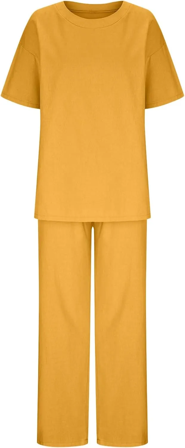 Women's 2 Piece Outfits Cotton Linen Sweatsuit Casual Short Sleeve Pullover Tops and Wide Leg Pants Lounge Sets 2025