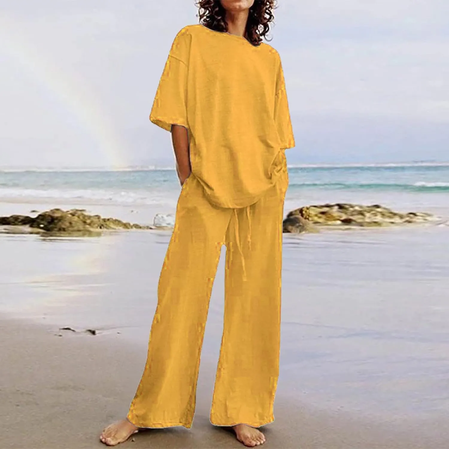 Women's 2 Piece Outfits Cotton Linen Sweatsuit Casual Short Sleeve Pullover Tops and Wide Leg Pants Lounge Sets 2025