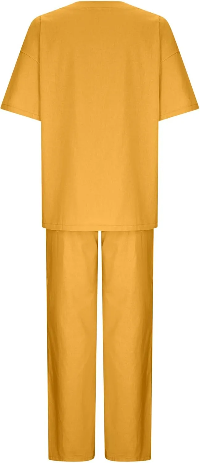 Women's 2 Piece Outfits Cotton Linen Sweatsuit Casual Short Sleeve Pullover Tops and Wide Leg Pants Lounge Sets 2025