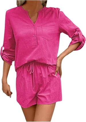 Women's 2 Piece Outfits V Neck Puff Sleeve Tops Short Set Lounge Matching Sets 2023 Trendy Beach Clothes with Belt