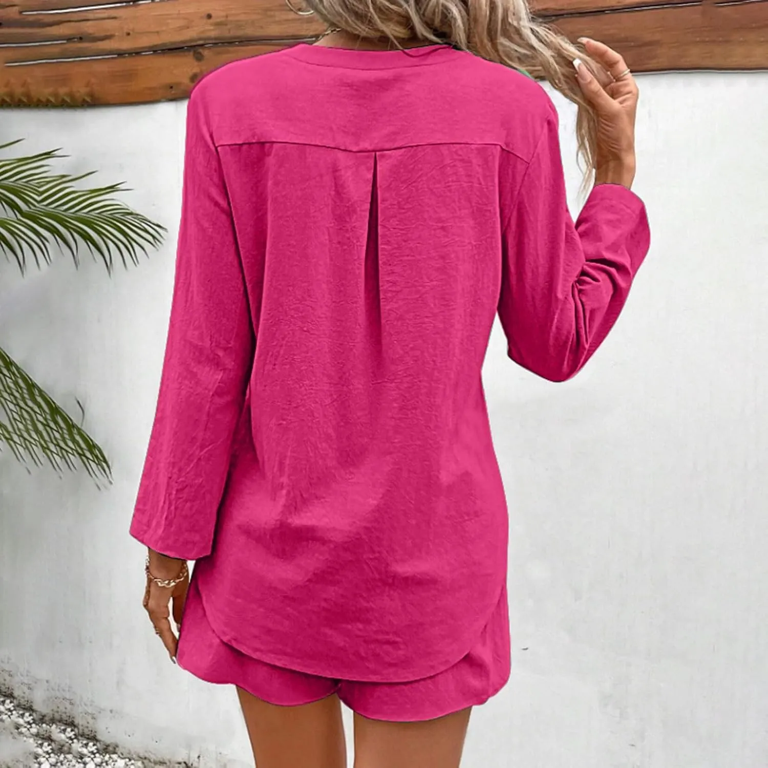 Women's 2 Piece Outfits V Neck Puff Sleeve Tops Short Set Lounge Matching Sets 2023 Trendy Beach Clothes with Belt