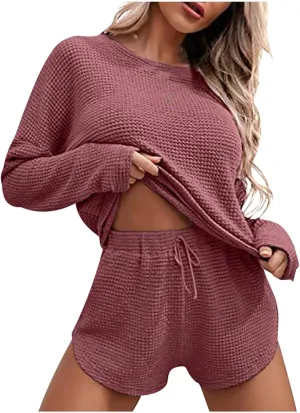 Womens 2 Piece Sweater Sets Trendy High Waist Shorts and Long Sleeve Tops Sexy Knit Breathable Outfits Lounge Set
