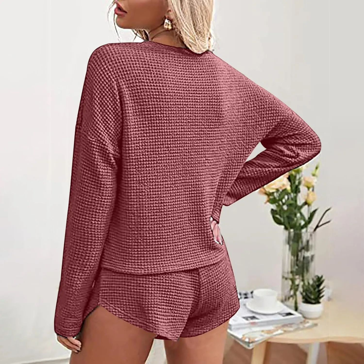 Womens 2 Piece Sweater Sets Trendy High Waist Shorts and Long Sleeve Tops Sexy Knit Breathable Outfits Lounge Set
