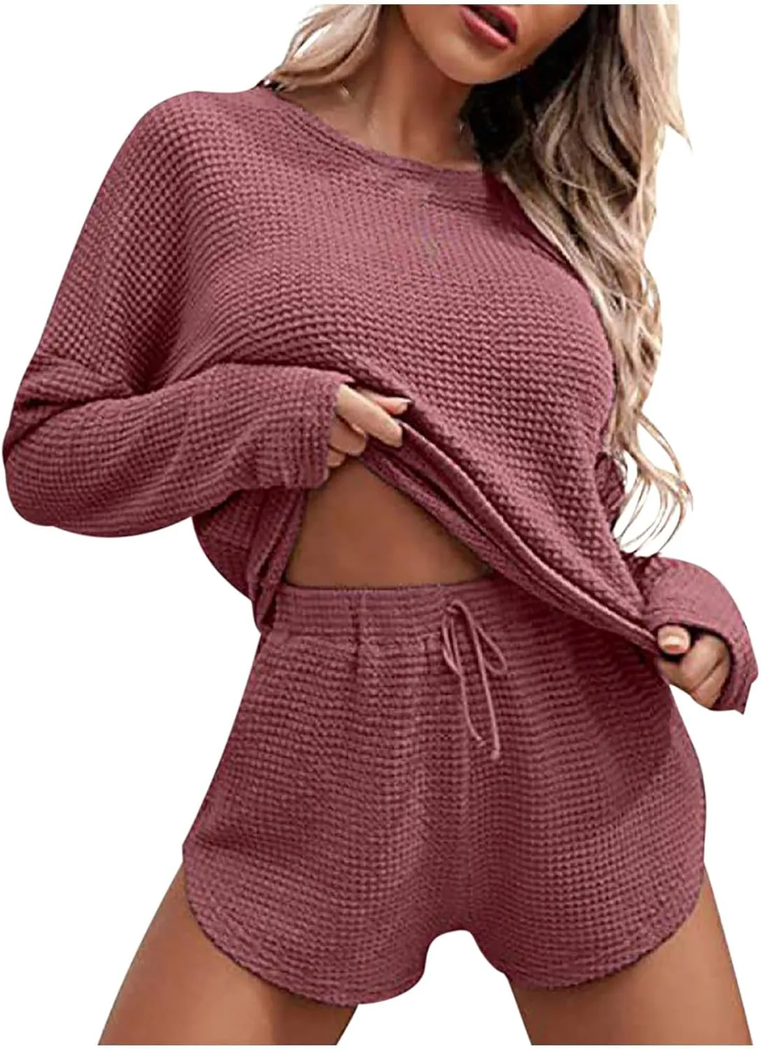 Womens 2 Piece Sweater Sets Trendy High Waist Shorts and Long Sleeve Tops Sexy Knit Breathable Outfits Lounge Set